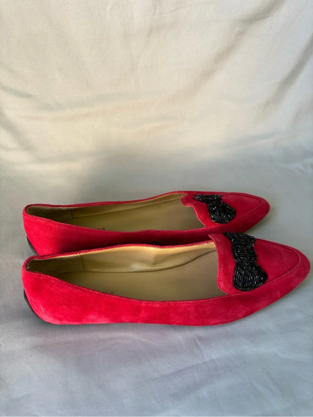 Talbots Bright Red Suede Pointed Loafers with Black Beaded Bow Size 10.5